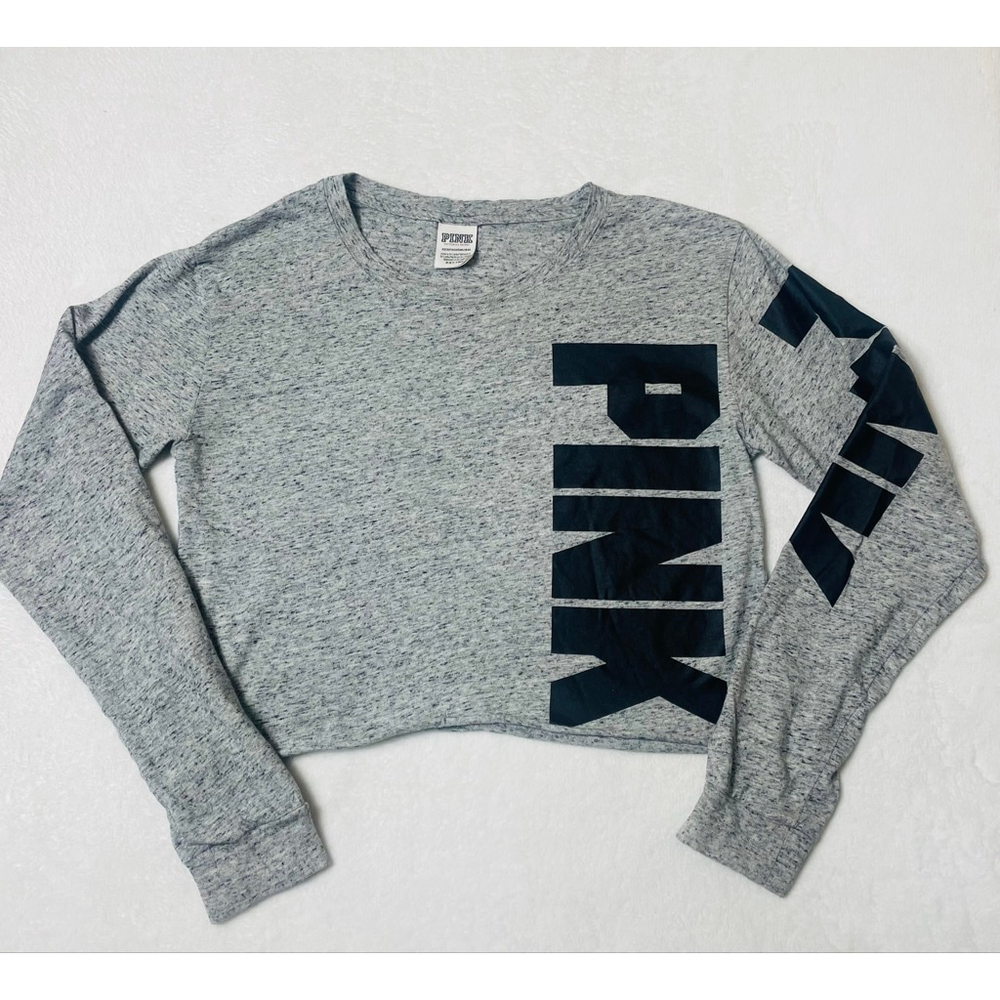 Women's PINK Victoria's Secret Long Awaited Sleeve cropped Tee XS Gray Black